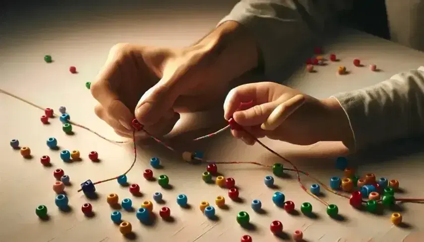 Manos de niño y adulto ensartando cuentas de colores en un cordón sobre una mesa desenfocada.