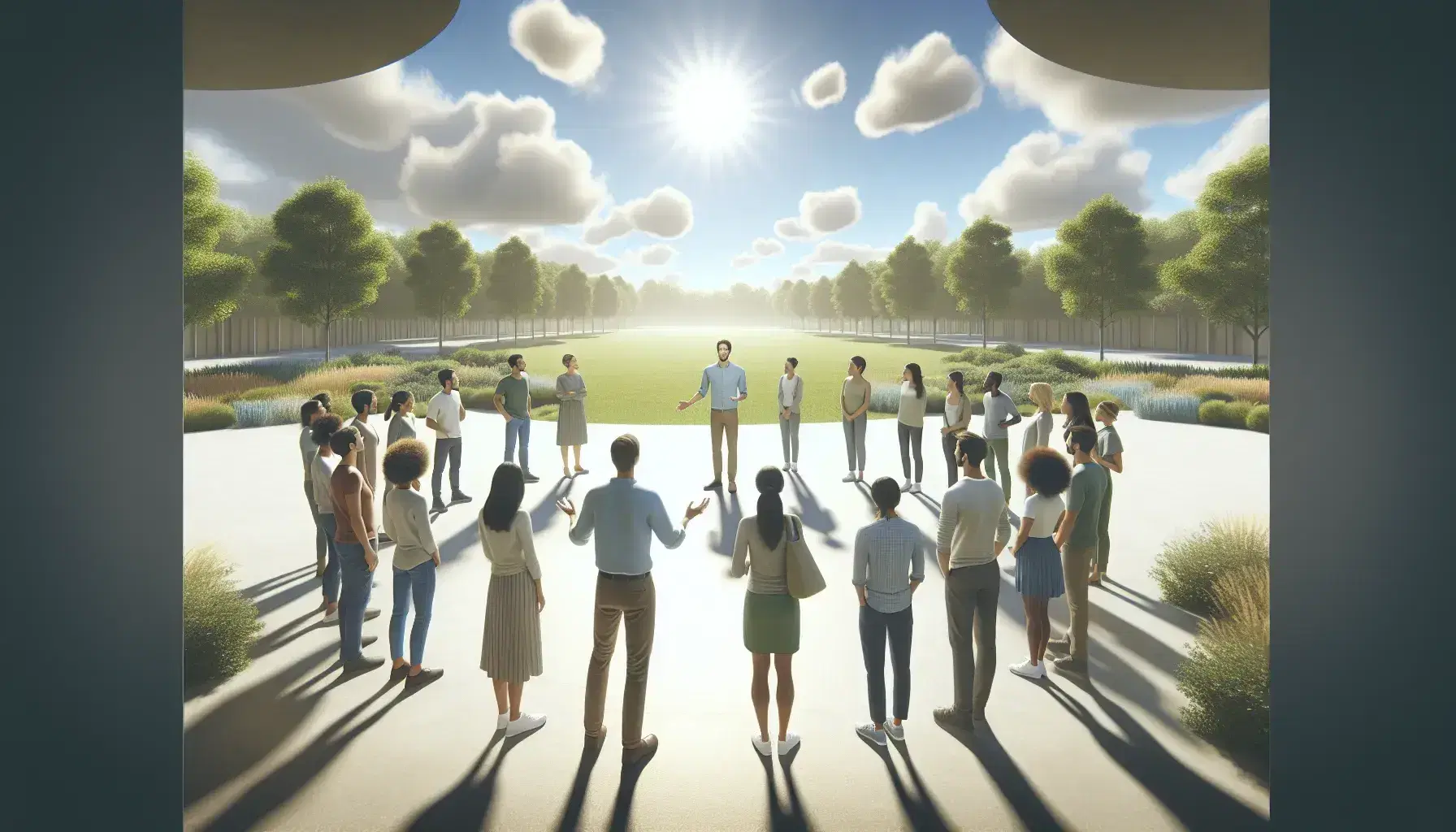 Grupo diverso de personas atentas a un orador al aire libre en un parque, bajo un cielo azul con árboles verdes, reflejando liderazgo y comunidad.