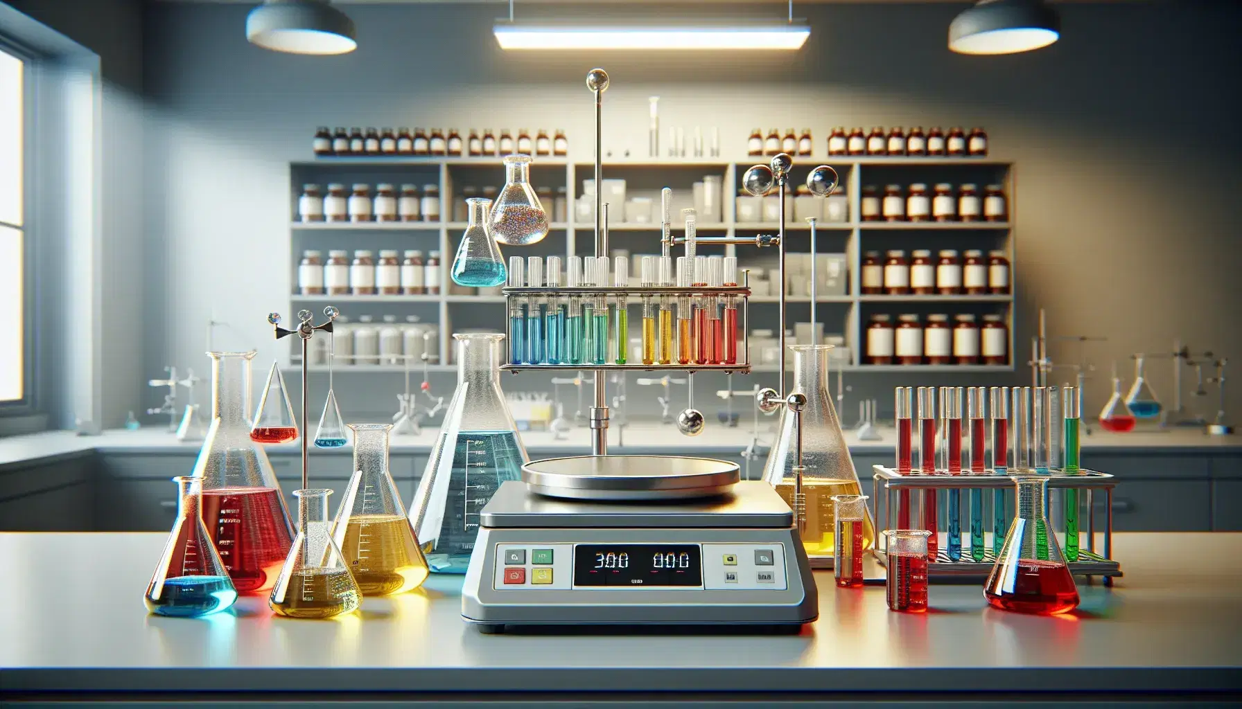 Laboratorio de química con matraces Erlenmeyer de líquidos coloridos, tubos de ensayo en gradilla metálica y balanza analítica en fondo.