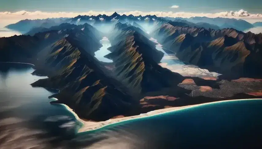 Vista aérea de una cadena montañosa con picos escarpados y vegetación verde oscuro, valles y una playa de arena junto a un lago azul profundo bajo un cielo despejado.