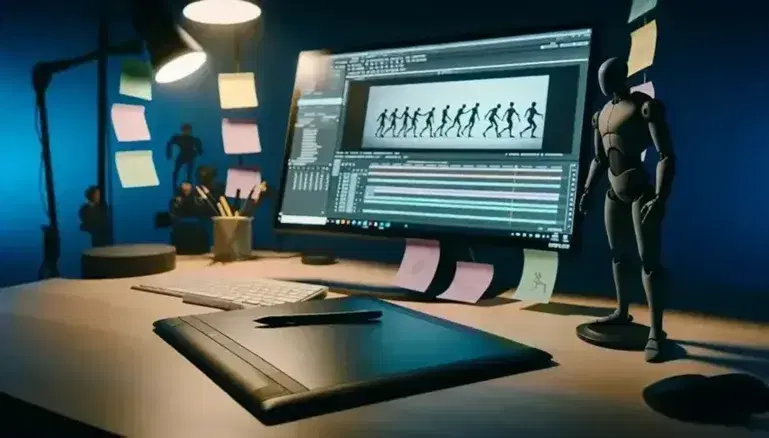 Mesa de trabajo de estudio de animación con tableta gráfica, figuras de acción y dibujos secuenciales, rodeada de notas adhesivas y una taza de café.