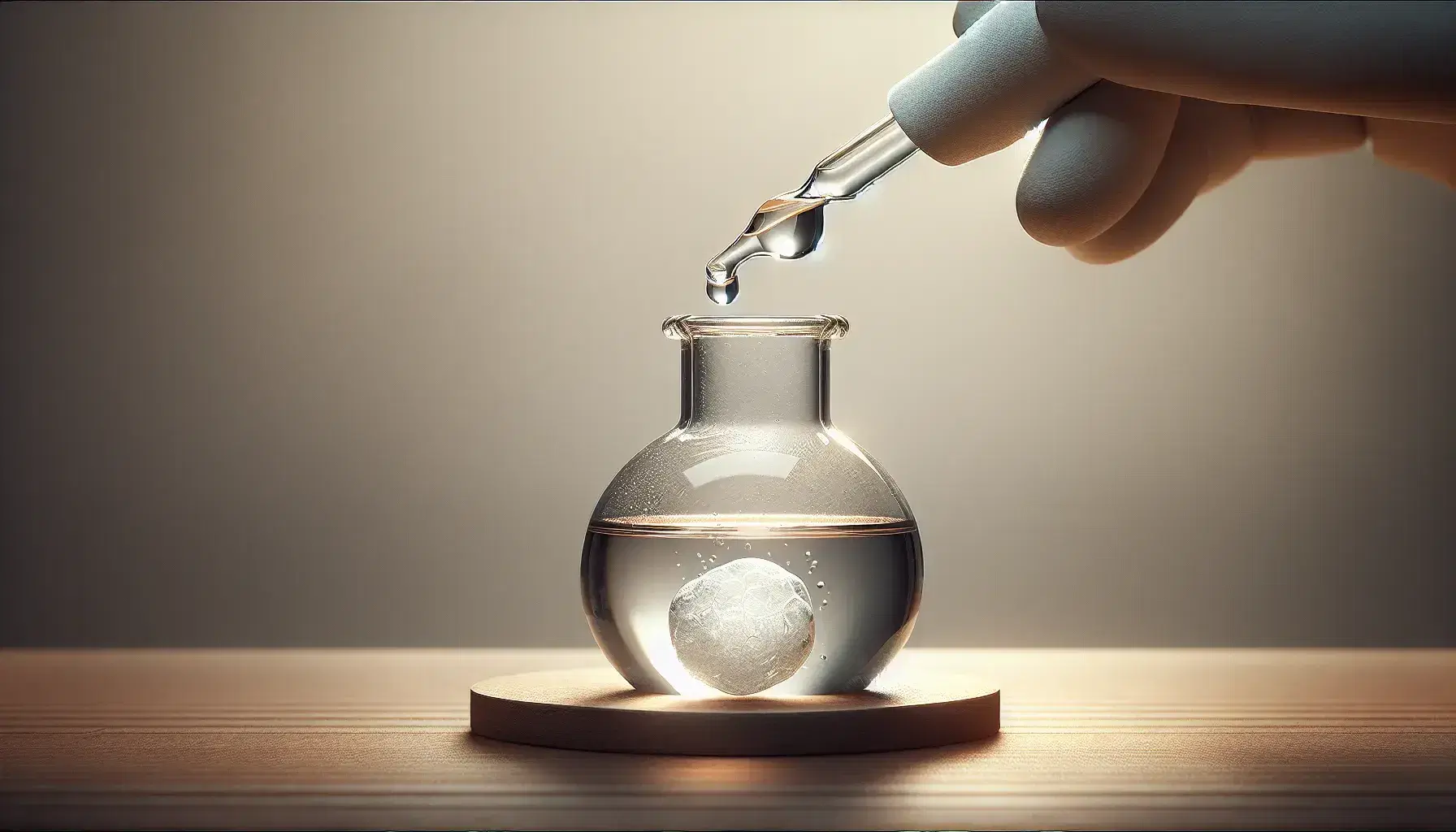 Glass vial on laboratory bench with amber liquid and partially dissolved white solid, dropper releases a drop on top of the solution.