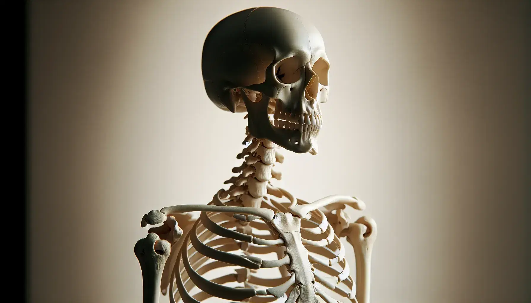 Modello anatomico dettagliato di scheletro umano intero in posizione eretta su sfondo neutro, con evidenza delle strutture ossee e articolazioni.