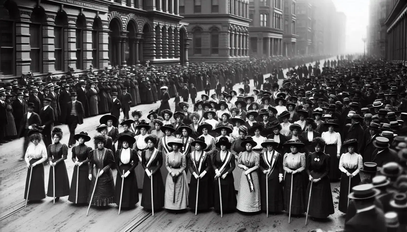 Women marching for women's suffrage, dressed in early 20th century clothing, with wide-brimmed hats and banners, in a historic black and white photo.