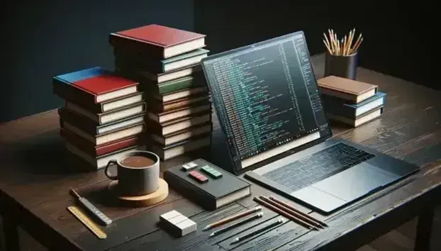 Tavolo in legno scuro con libri impilati, laptop aperto, tazza di caffè e cancelleria, in ambiente di studio tranquillo.