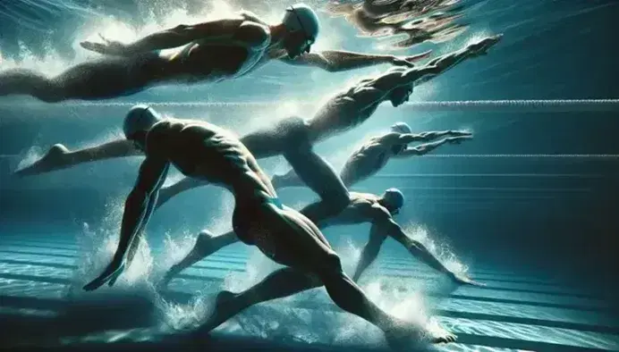 Nuotatori in azione mostrano stili dorso, rana e farfalla in piscina con riflessi d'acqua e linee delle corsie visibili.
