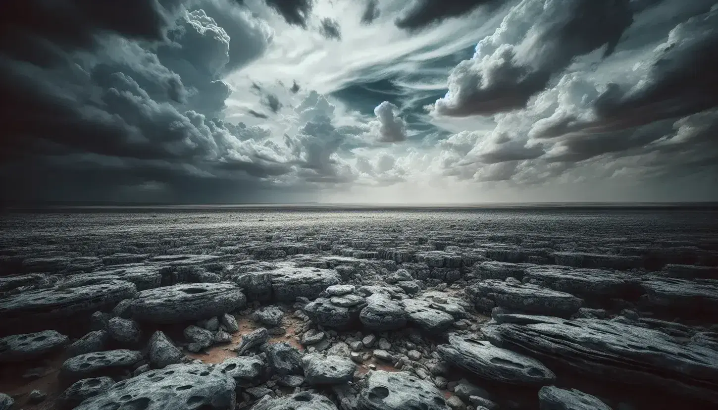 Pianura rocciosa e desolata sotto un cielo tempestoso con nuvole dense e scure, senza segni di vita o vegetazione.