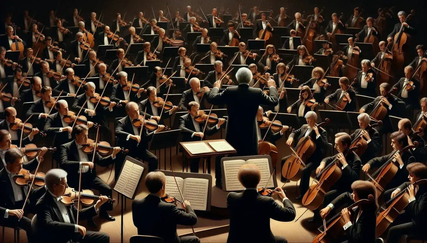 Orchestra sinfonica in esecuzione con direttore al centro, violinisti in primo piano e sezione ottoni e legni ai lati, sotto una luce soffusa.