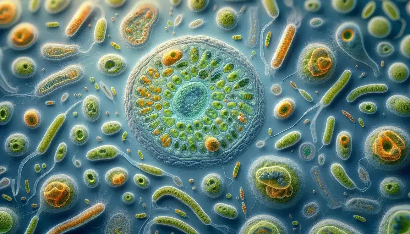 Vista microscópica de protozoos en tonos azules, destacando uno ovalado con orgánulos verdes y naranjas, rodeado de otros con estructuras flagelares.