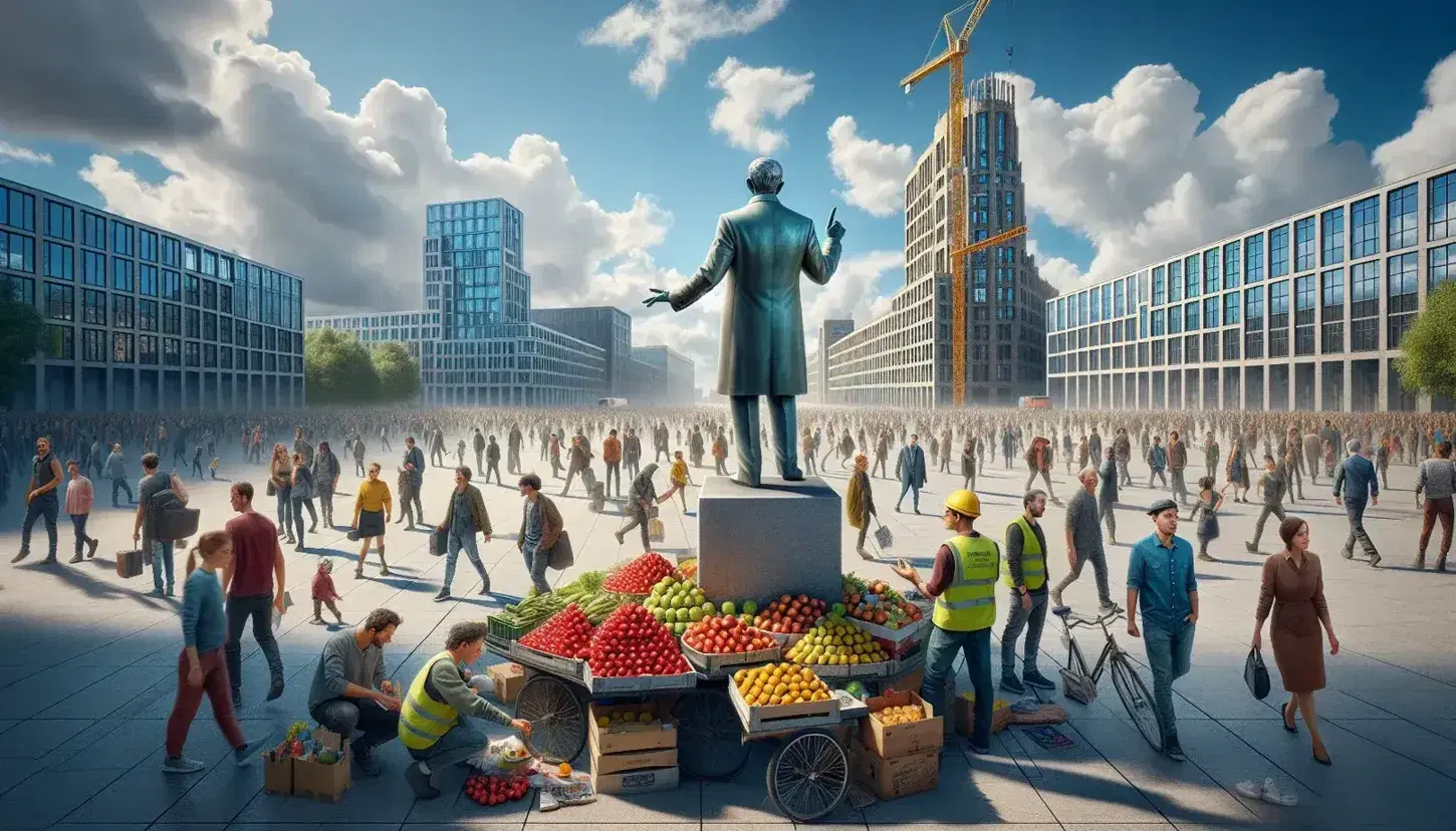 Piazza urbana affollata con statua bronzea al centro, venditore ambulante di frutta e operai in cantiere, edifici riflettenti e cielo sereno.