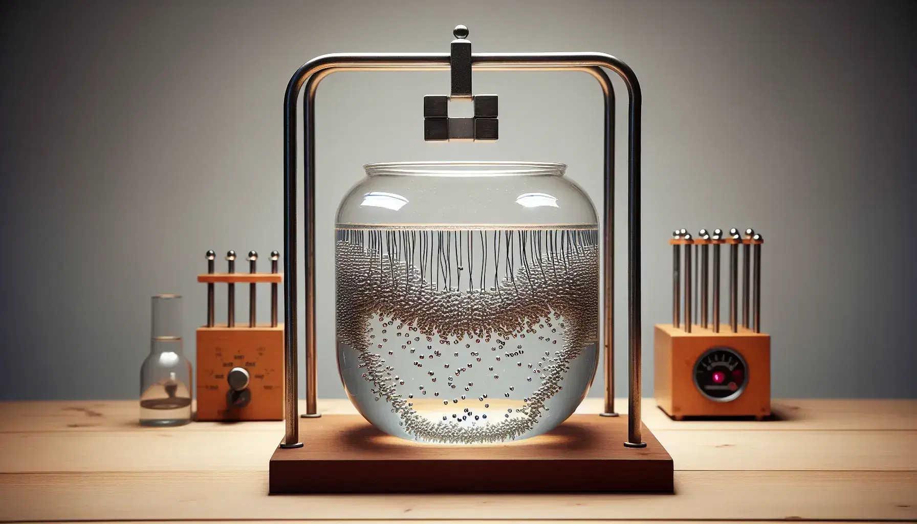 Scientific experiment with iron filings aligning along magnetic field lines in a glass tank beneath a suspended bar magnet, next to an idle Van de Graaff generator.