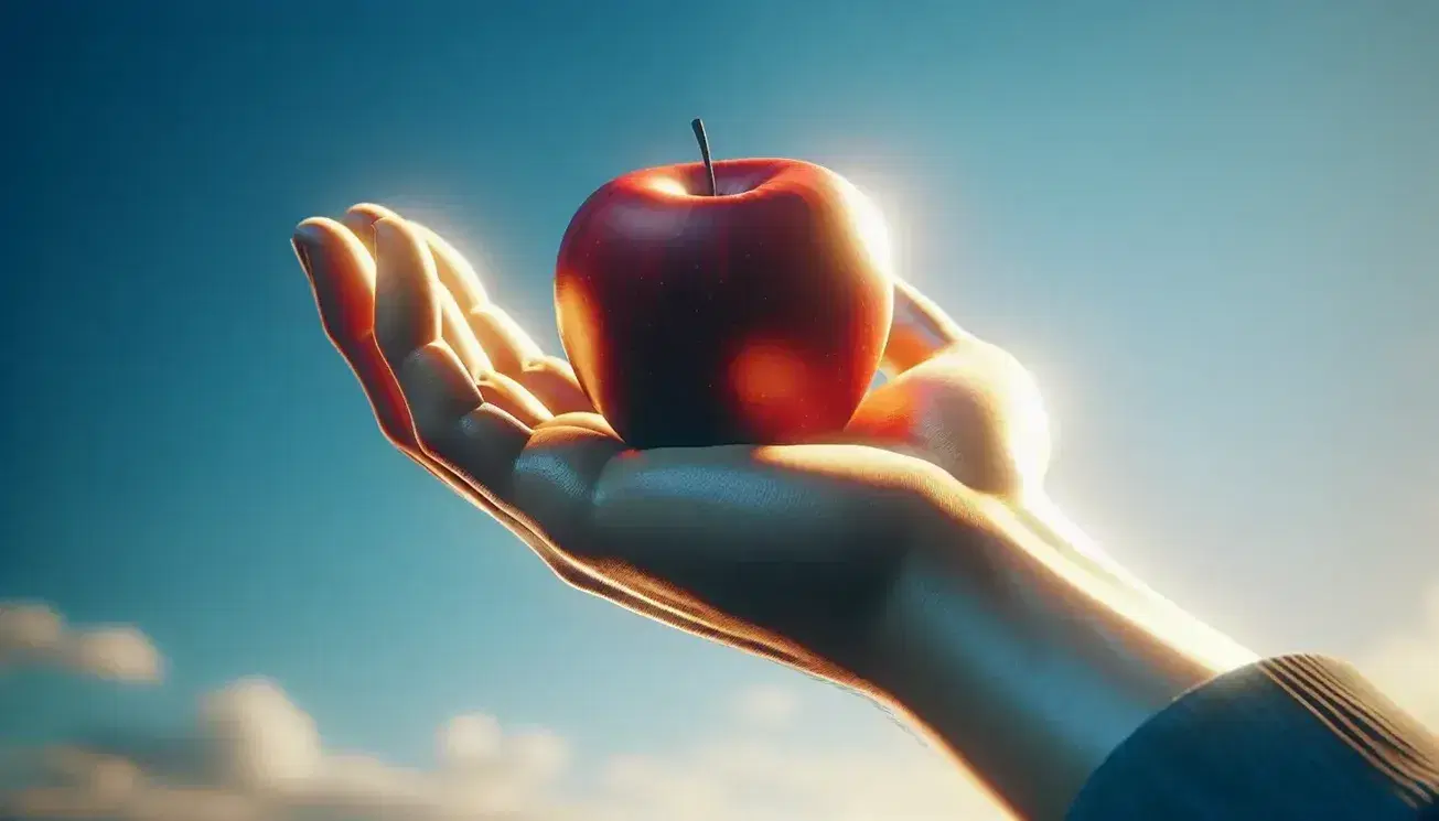 Mano abierta con palma hacia arriba sosteniendo una manzana roja brillante bajo un cielo azul con nubes dispersas.