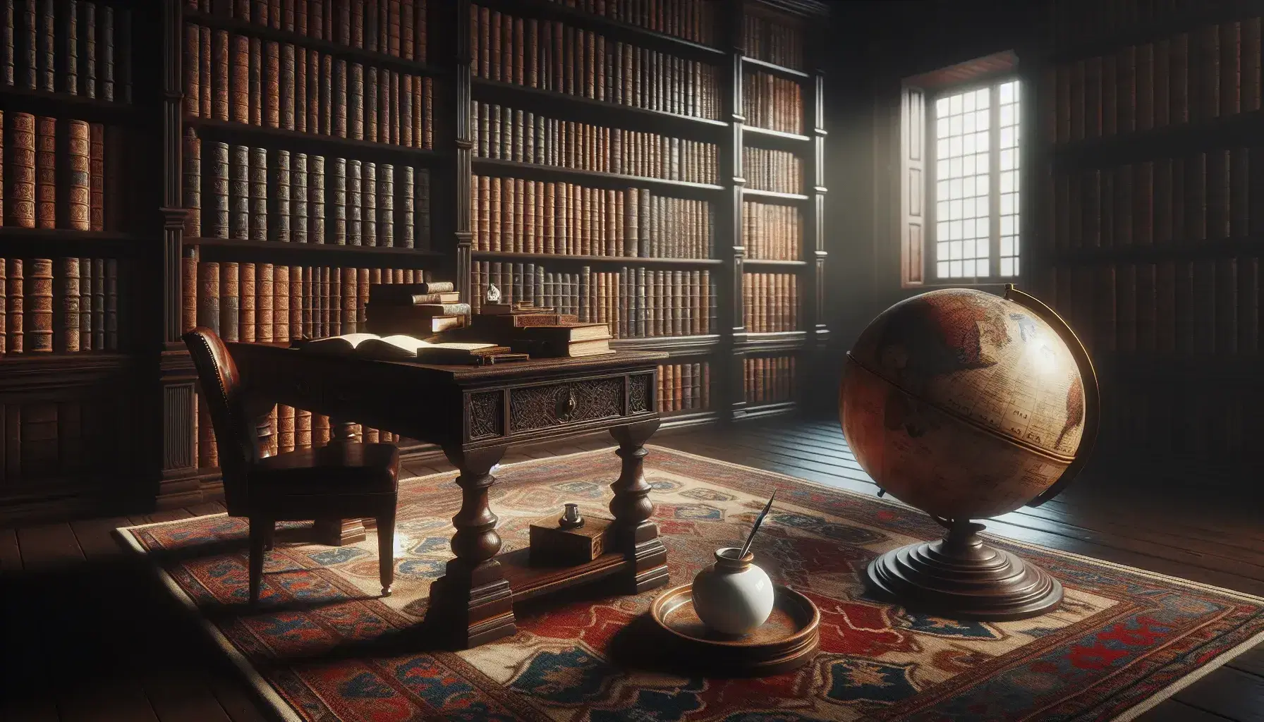 Biblioteca antigua con estanterías de libros encuadernados en cuero, mesa de madera con globo terráqueo y tintero, luz natural y alfombra persa.