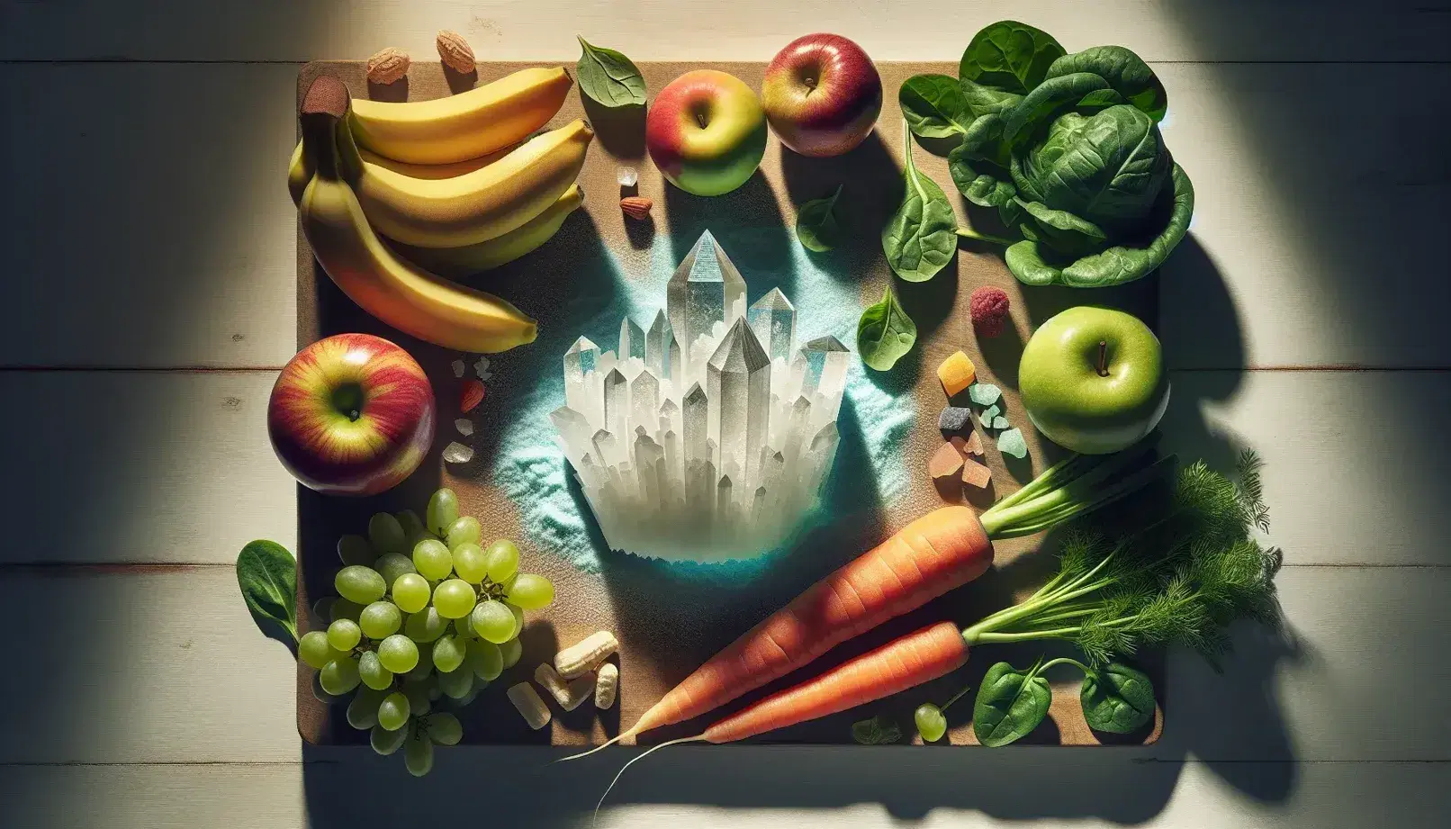 Variedad de frutas frescas como plátanos, manzanas y uvas junto a vegetales como espinacas y zanahorias, con una estructura cristalina transparente en el centro sobre una superficie de madera clara.