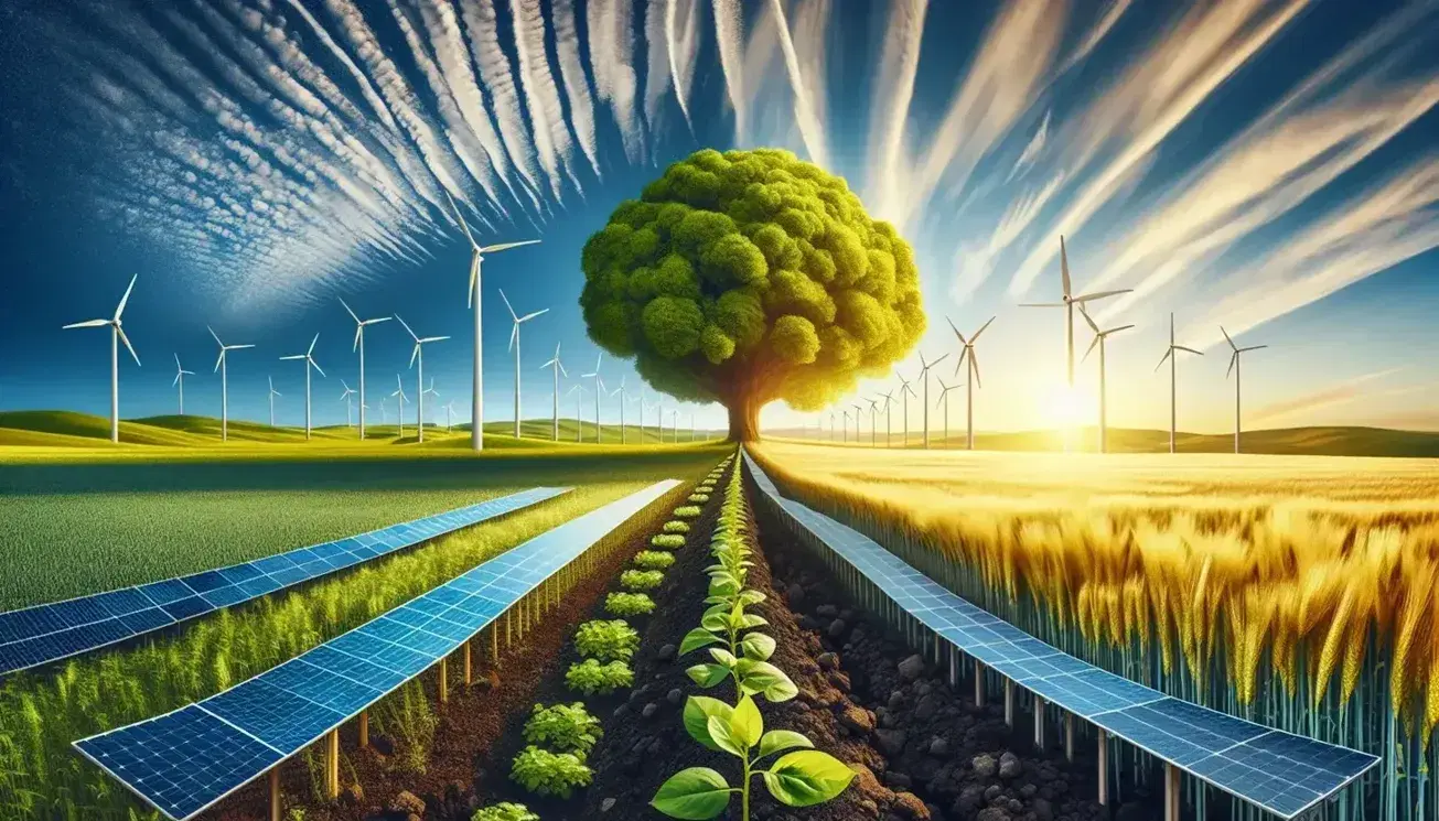 Paesaggio rurale con albero rigoglioso, pannelli solari, terreno fertile e turbine eoliche in lontananza, simbolo di sostenibilità ambientale.