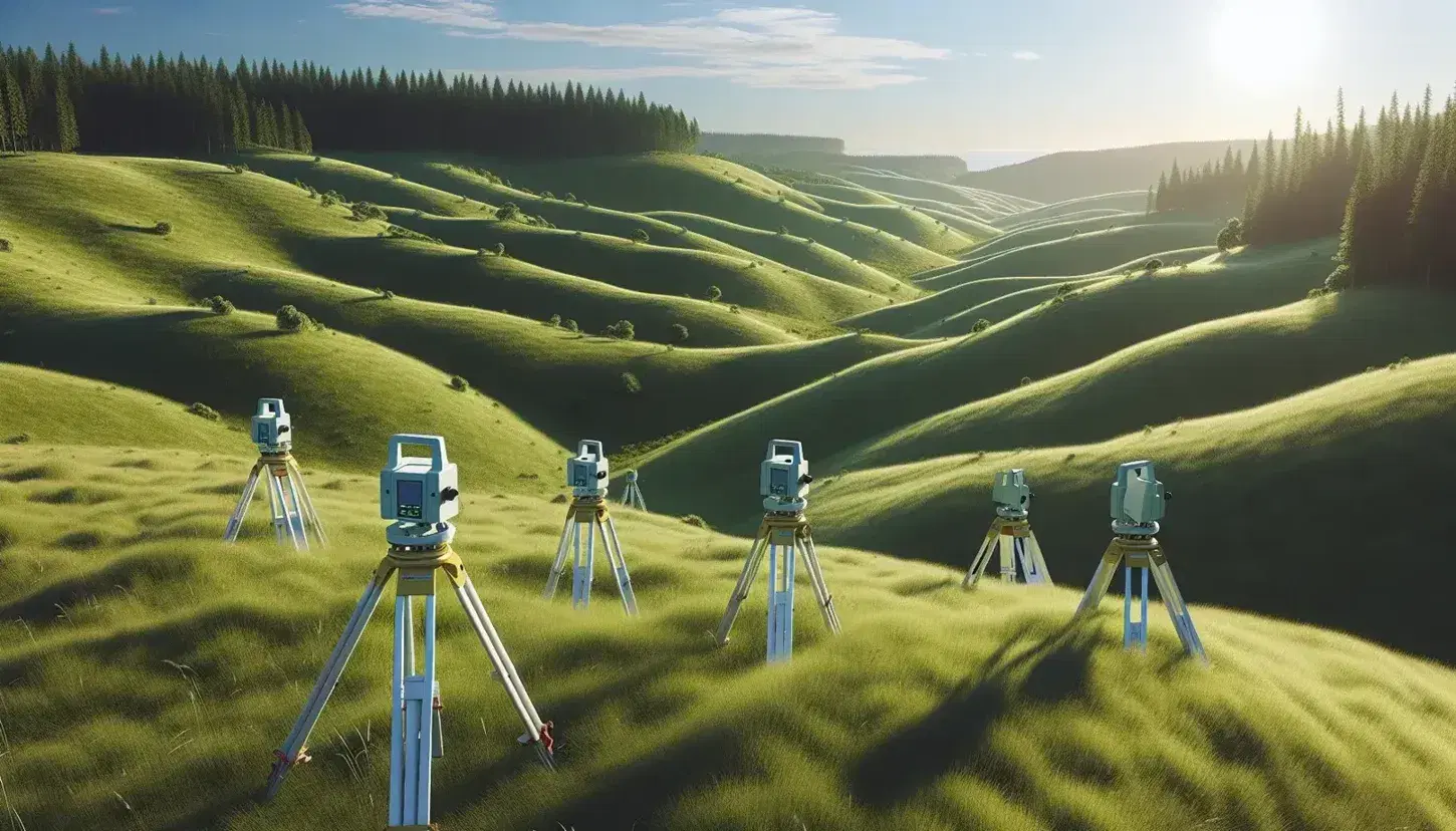 White survey tripods with GPS receivers arranged in a grid on a green hill, blue sky with thin clouds, no human presence.