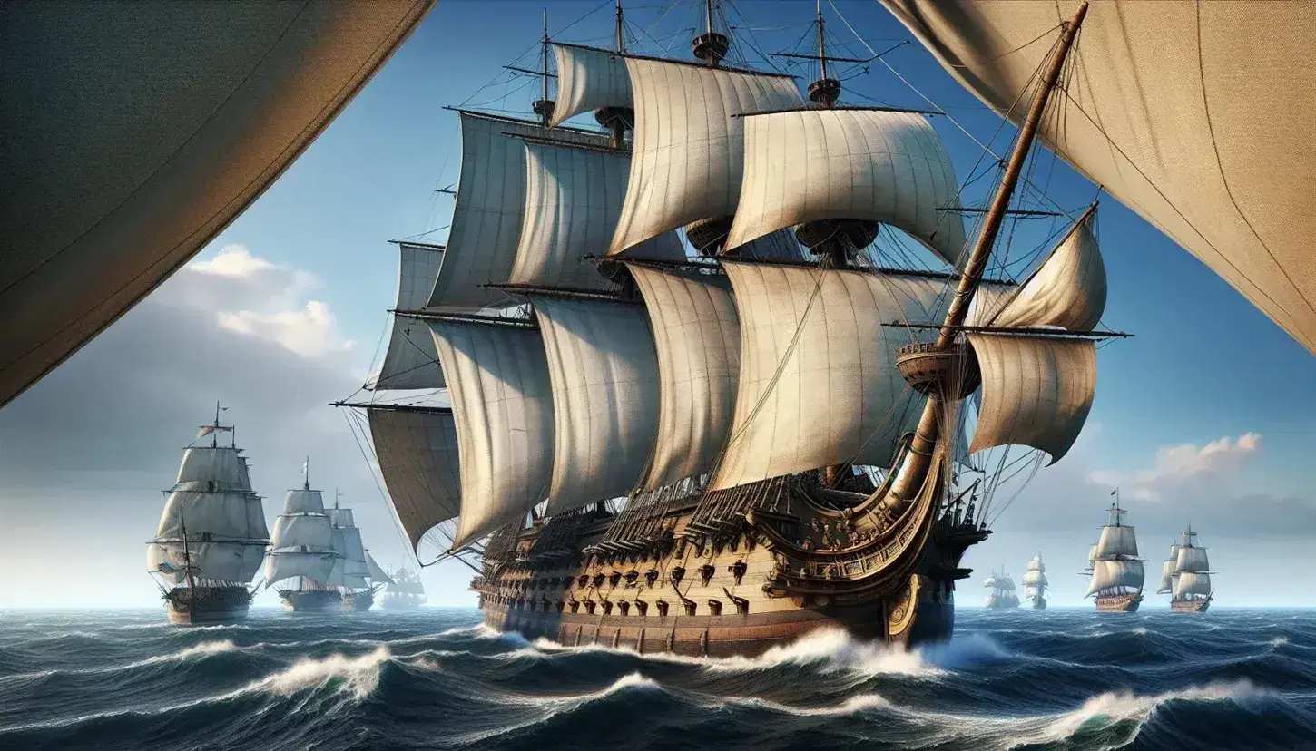 Historical naval fleet at sea with a prominent wooden ship, tall masts, creamy sails, and closed gun ports on a fair weather day, isolated in the vast ocean.
