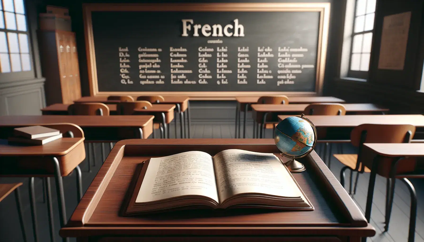Classroom with teacher's desk, open book, and globe, rows of student desks, a chalkboard, and sunlight through a window, evoking a French language learning environment.