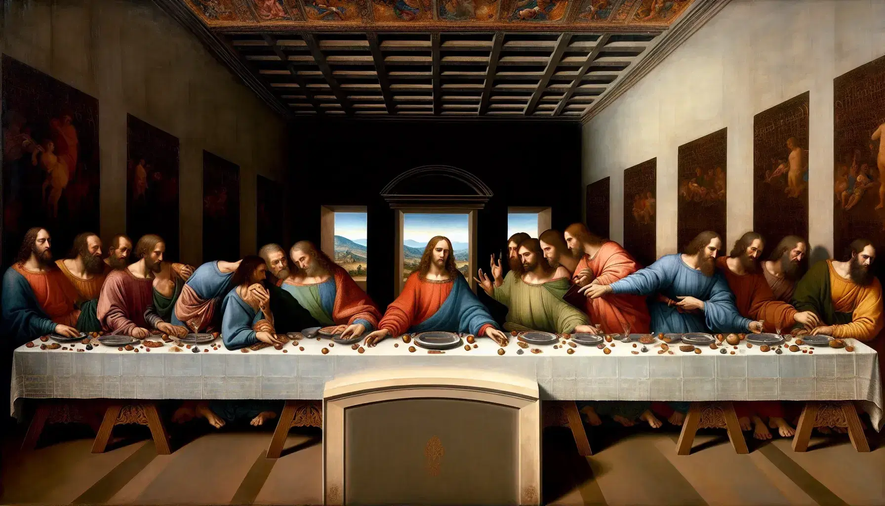 Riproduzione fedele de 'L'Ultima Cena' di Leonardo da Vinci con Gesù al centro, circondato dai dodici apostoli, in un'ambientazione luminosa.