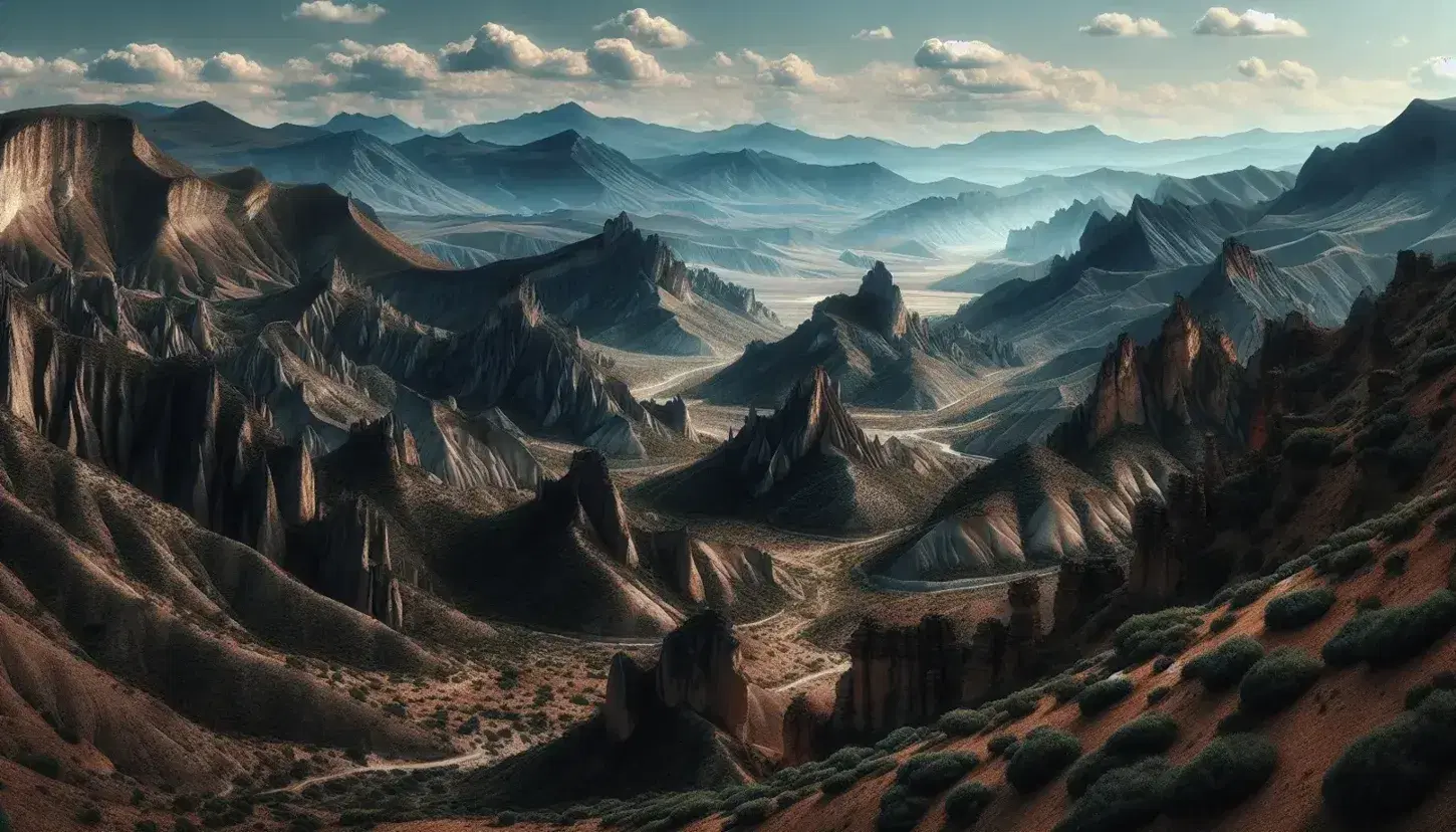 Vista panorámica de una cadena montañosa española con formaciones rocosas estratificadas en primer plano, vegetación dispersa y un río serpenteante en un valle verde.