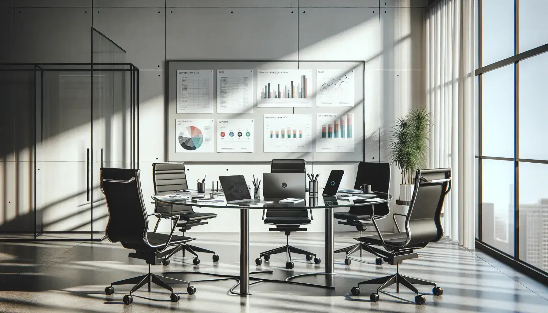 Oficina moderna con mesa de vidrio y sillas ergonómicas negras, dispositivos electrónicos, planta interior y ventana grande que aporta luz natural.