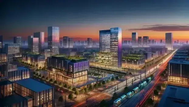 Urban view at sunset with reflective skyscrapers, road traffic, modern tram and city skyline against twilight sky.