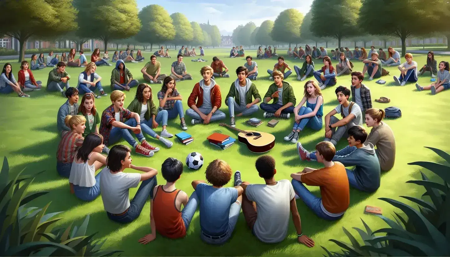 Multicultural group of teenagers sitting in circle on grass in park with ball, guitar and books, conversing on sunny day.