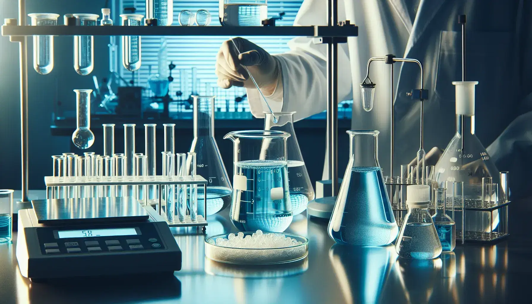 Laboratory with beaker and blue liquid, vial with yellow solution, digital scale with white powder and assorted glassware illuminated by LED.