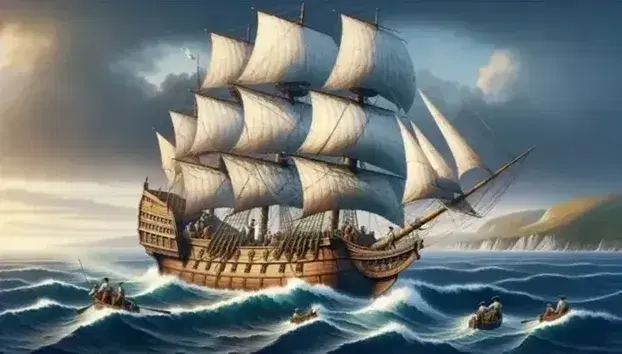 Wooden bathtub with three masts and white sails in the sea, sailors in period clothes at work, golden sunset and land in the distance.