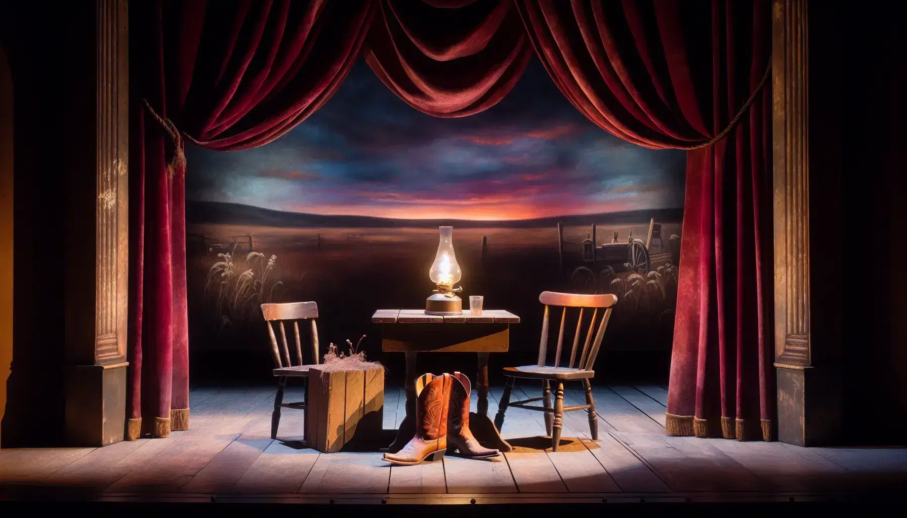 Dimly lit theater stage with red curtains, a rustic wooden table, mismatched chairs, an oil lamp, cowboy boots, and a prairie backdrop at twilight.