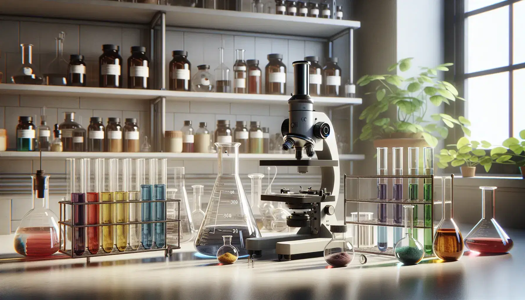 Laboratorio de ciencias naturales con microscopio compuesto, probetas con líquidos de colores y frascos en estante, junto a planta verde.