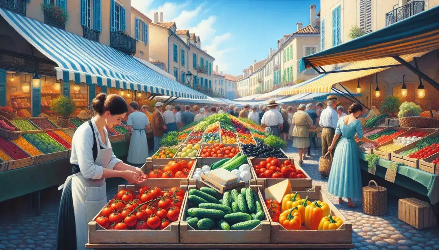Bustling European market with colorful produce like tomatoes and peppers on display, vendors selling cheese and fruit to customers, historic buildings backdrop.