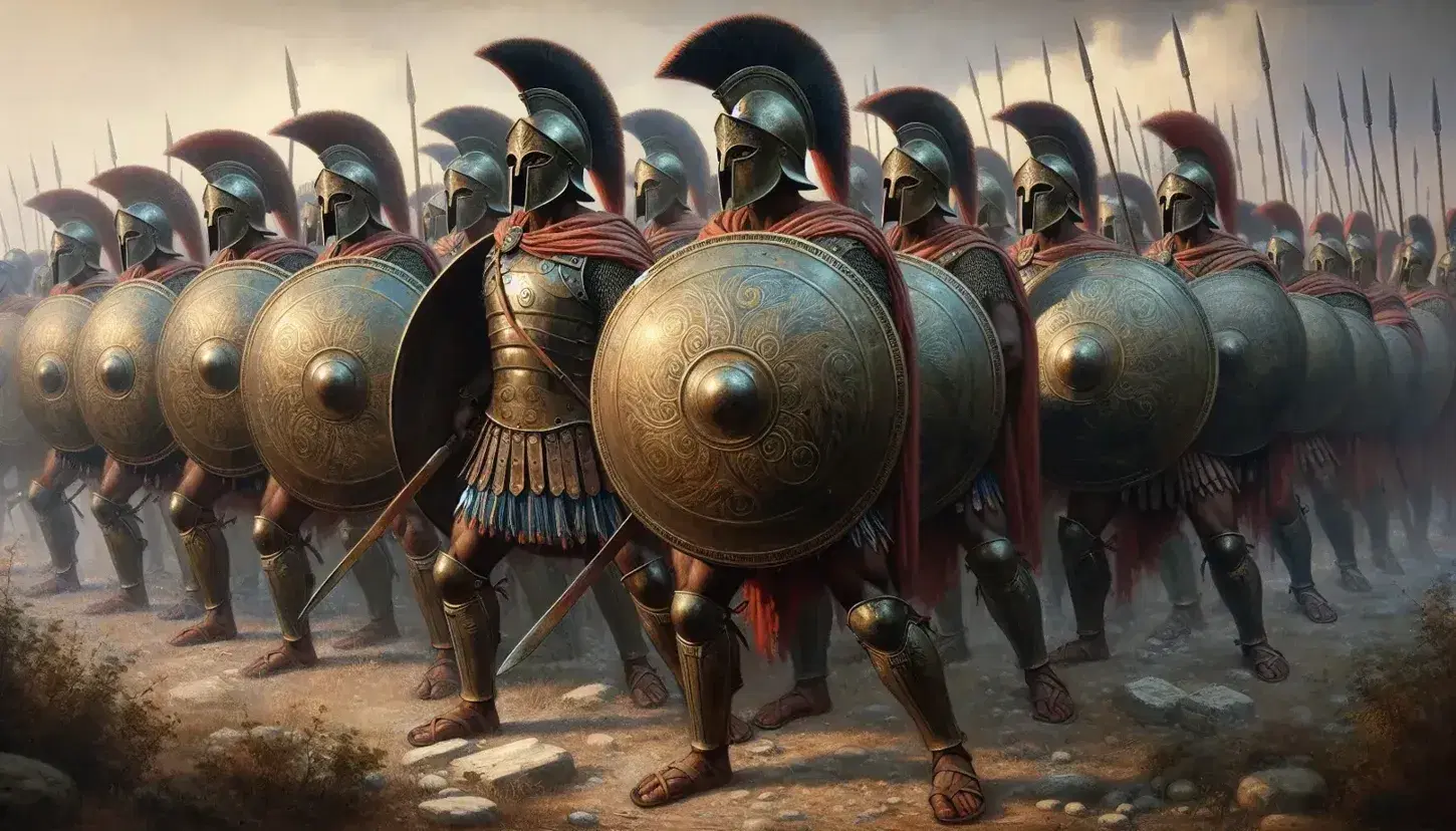 Battle scene of Greek hoplite warriors with bronze armour, Corinthian helmets and hoplon shields during the Peloponnesian War.