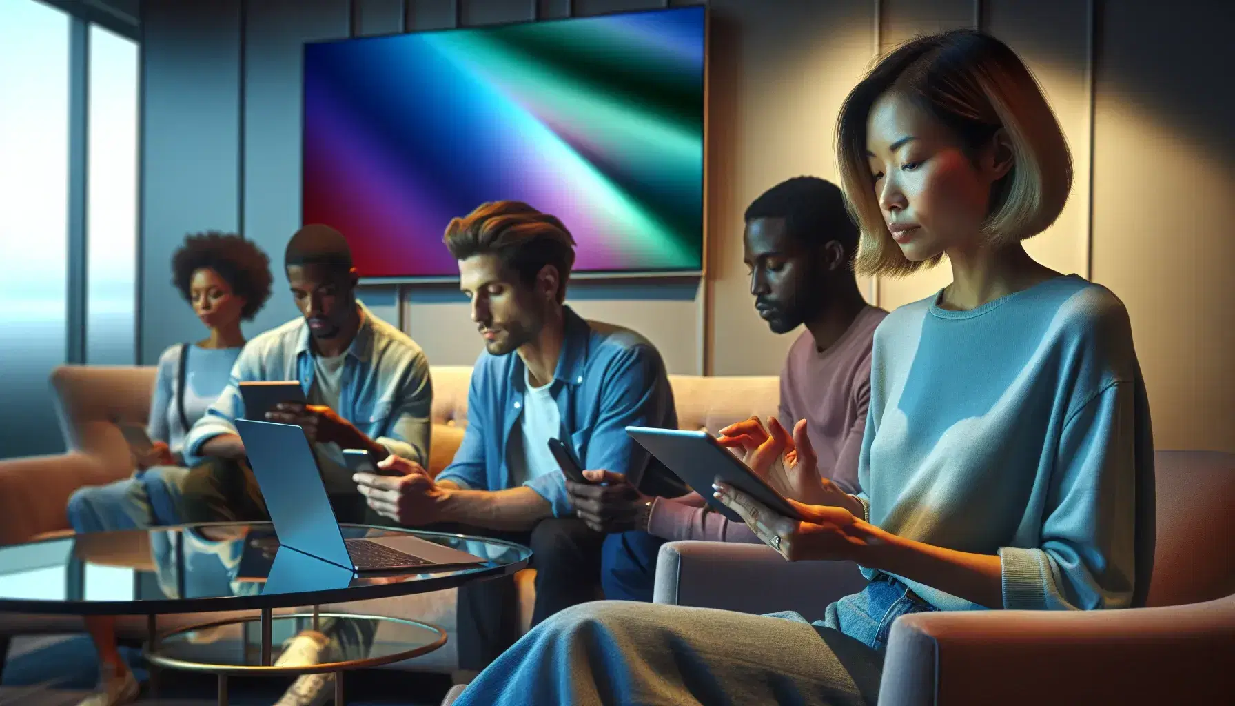 Multicultural group engrossed in using electronic devices in a modern room with soft lighting and colorful flat screen TV.