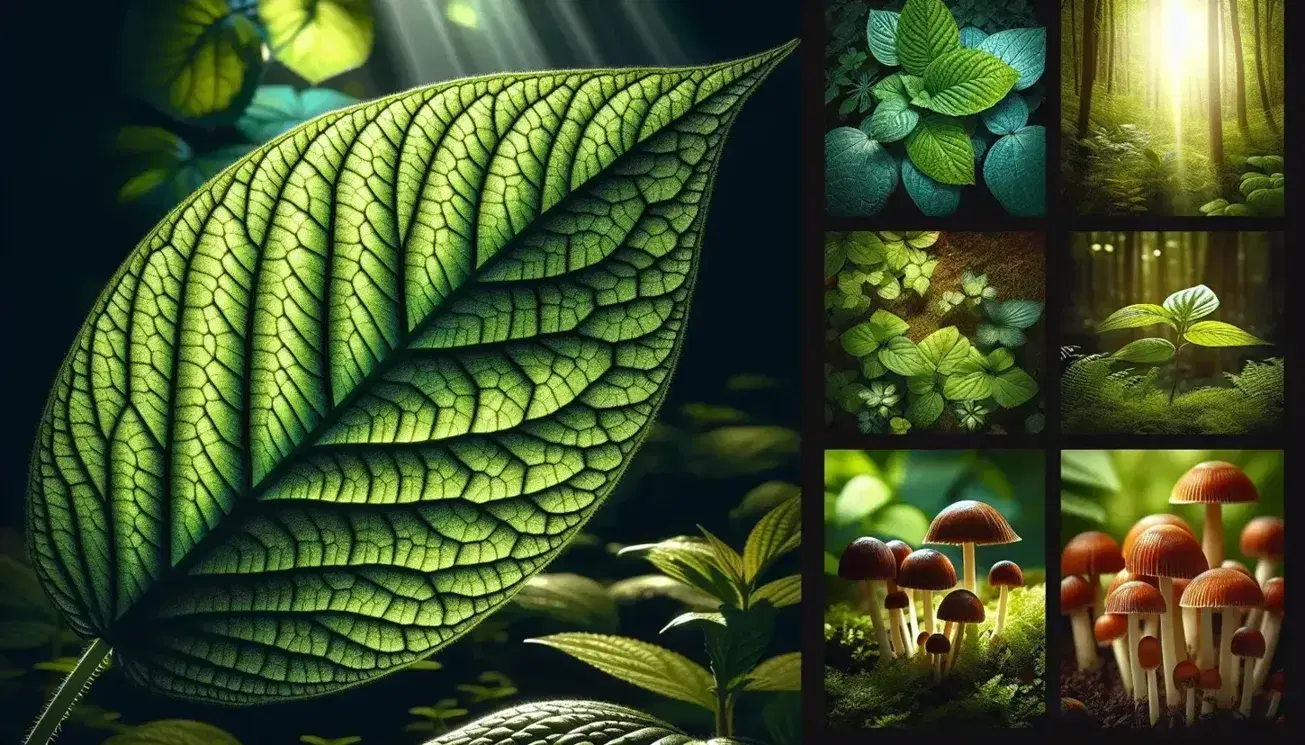 Hoja verde brillante al trasluz mostrando su textura y venas con hongos marrones y tallos blancos en el suelo de un bosque difuminado.
