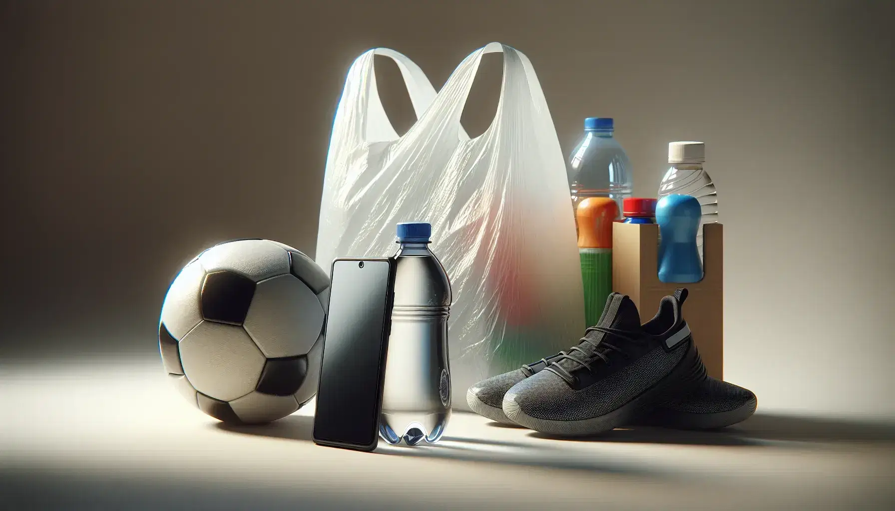 Colección de objetos cotidianos con botella de plástico transparente, bolsa de supermercado arrugada, móvil con funda negra, balón de fútbol y zapatillas deportivas.
