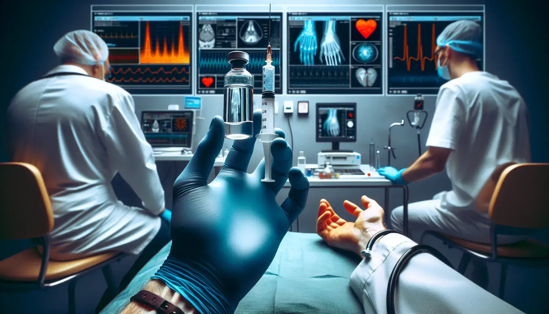 Researcher in blue gloves holds transparent test tube and syringe in clinical laboratory, with clinician and patient blurred in background.