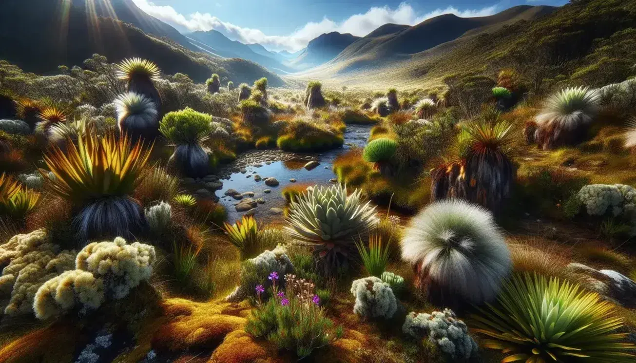 Ecosistema de páramo natural con frailejones, flores silvestres coloridas y un arroyo serpenteante bajo un cielo azul con montañas en la distancia.