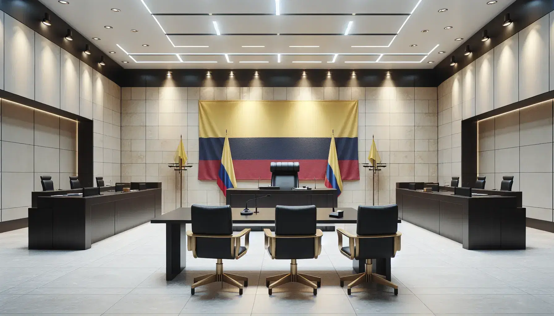 Sala de audiencias vacía con mesa central para juez, estrado con atril para testigos, mesas para abogados, bandera de Colombia y decoración sobria.