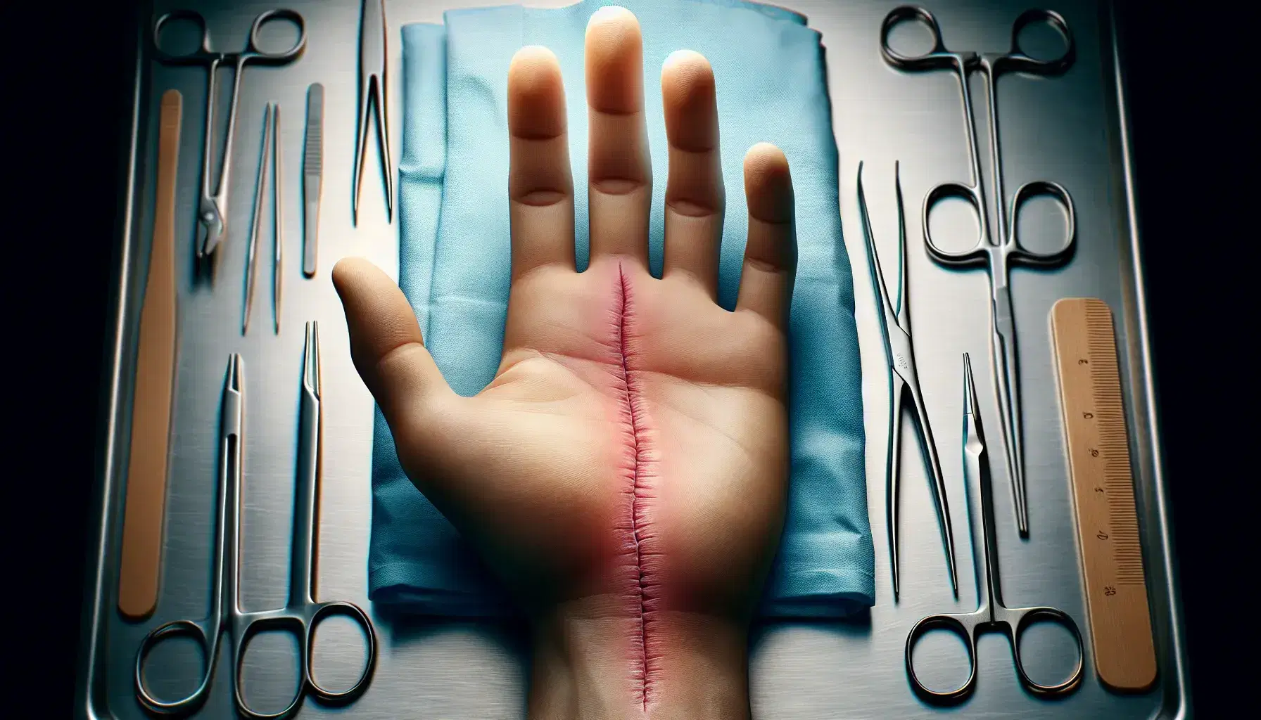 Mano humana mostrando cicatriz reciente con instrumentos médicos y guantes quirúrgicos en segundo plano, destacando higiene y cuidado postoperatorio.