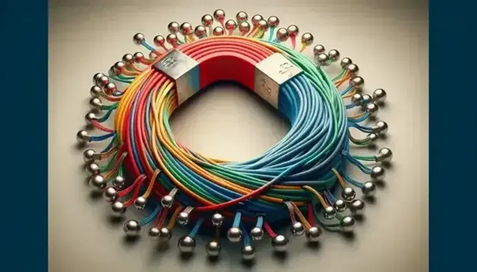 Cables eléctricos de colores entrelazados con conectores metálicos y un imán en forma de herradura rodeado de limaduras de hierro.