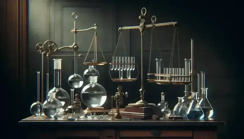 19th century science laboratory with wooden table, brass scales, glassware and Bunsen flame, no visible writing.