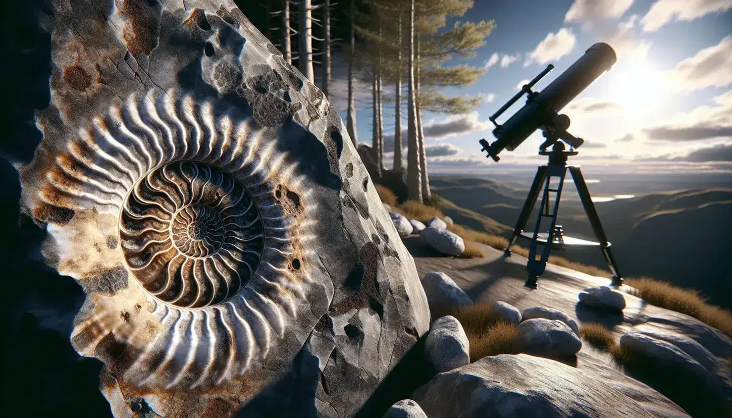 Fósil de ammonite en espiral incrustado en roca con tonos grises y marrones, fondo de paisaje natural y telescopio astronómico parcialmente oculto.