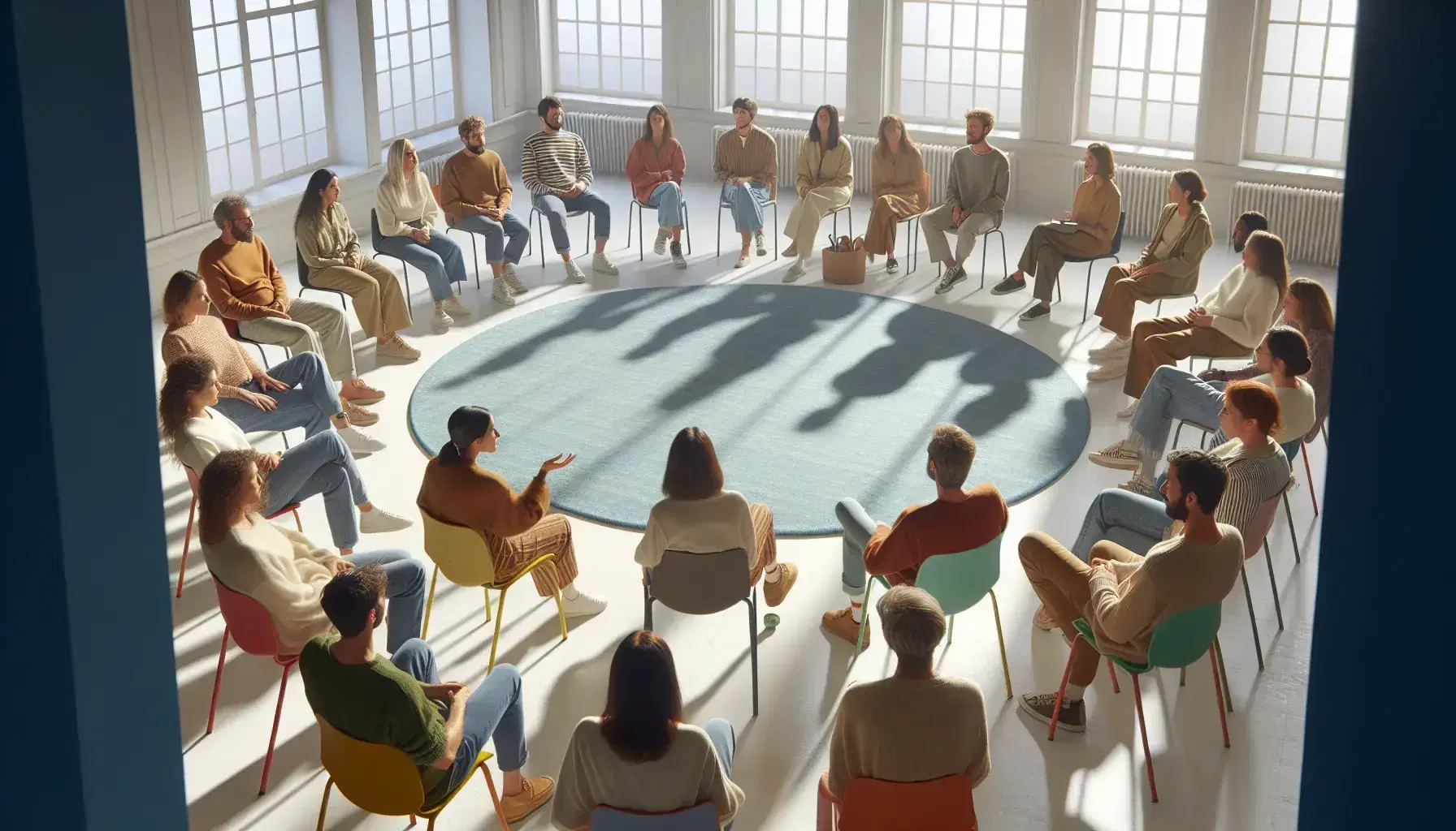 Gruppo eterogeneo in cerchio su sedie colorate in sala luminosa, conversa attivamente su tappeto azzurro, senza distrazioni digitali.