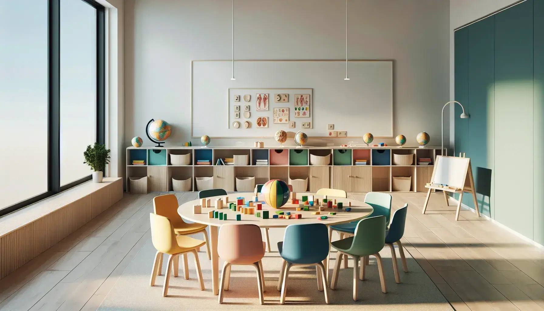 Aula moderna y luminosa con mesa redonda y sillas ergonómicas de colores, bloques de construcción, rompecabezas, estantería con materiales educativos y pizarra blanca.