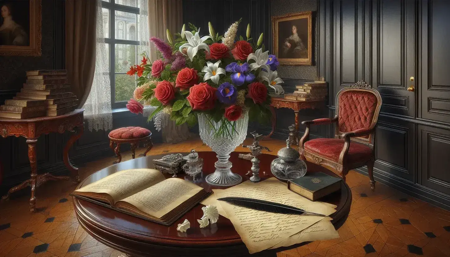 Soggiorno antico con tavolo in mogano, vaso di fiori colorati, calamaio d'argento, poltrona in velluto rosso e quadro di paesaggio lacustre.