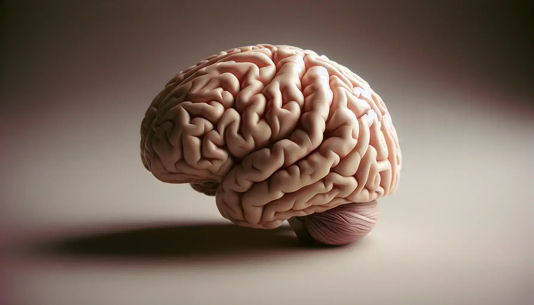 Detailed anatomical model of the human brain in lateral view with evident gyri and sulci on a neutral background, visible frontal, parietal and occipital lobes.
