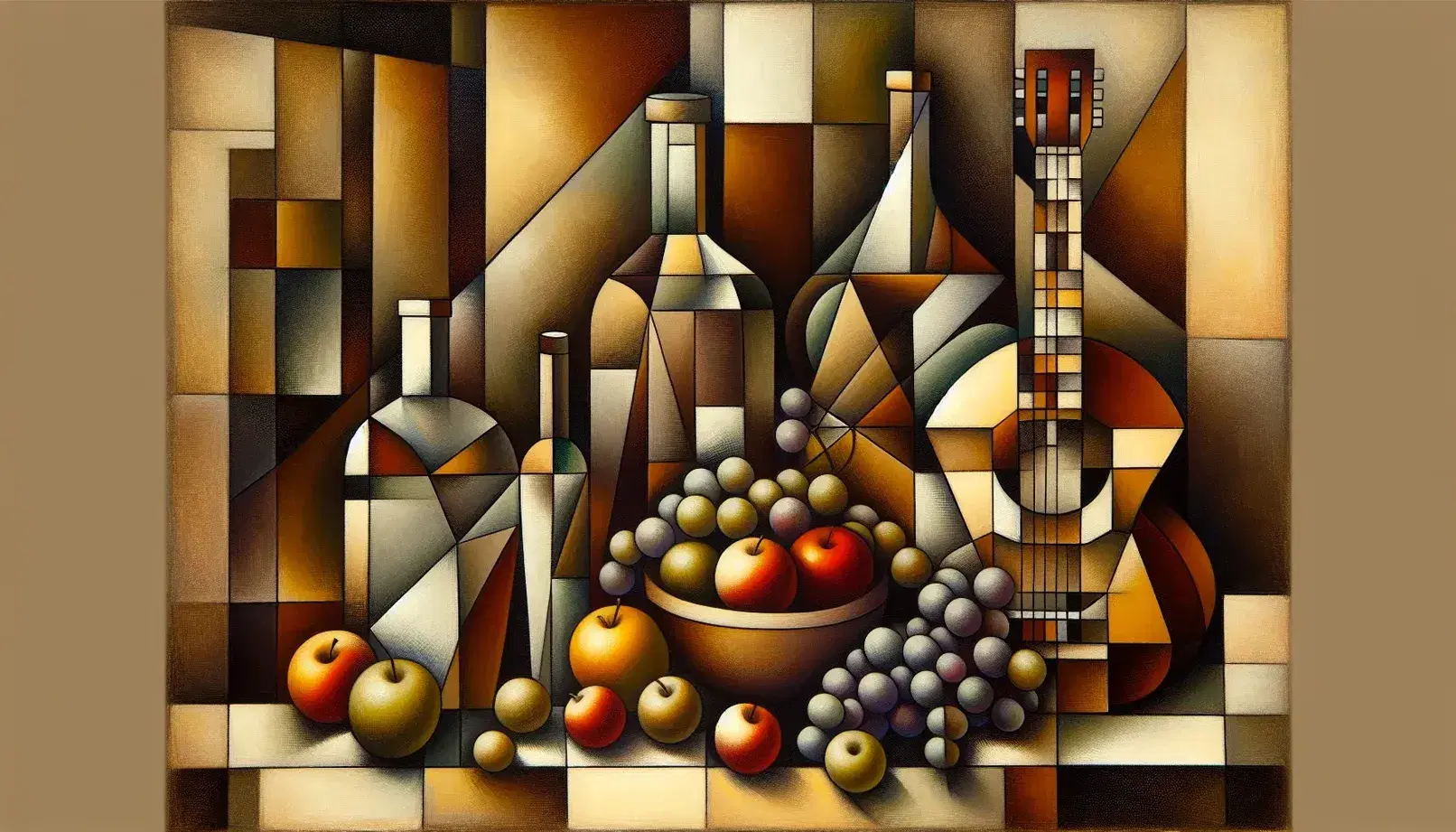 Cubist still life with a geometric guitar, segmented bottle, and abstract fruit bowl in muted earth tones, showcasing depth through light and shadow.