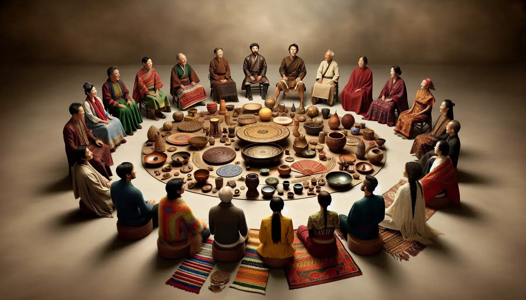 Diverse group in cultural attire seated around a table with traditional artifacts, symbolizing cultural unity and respect in a serene setting.