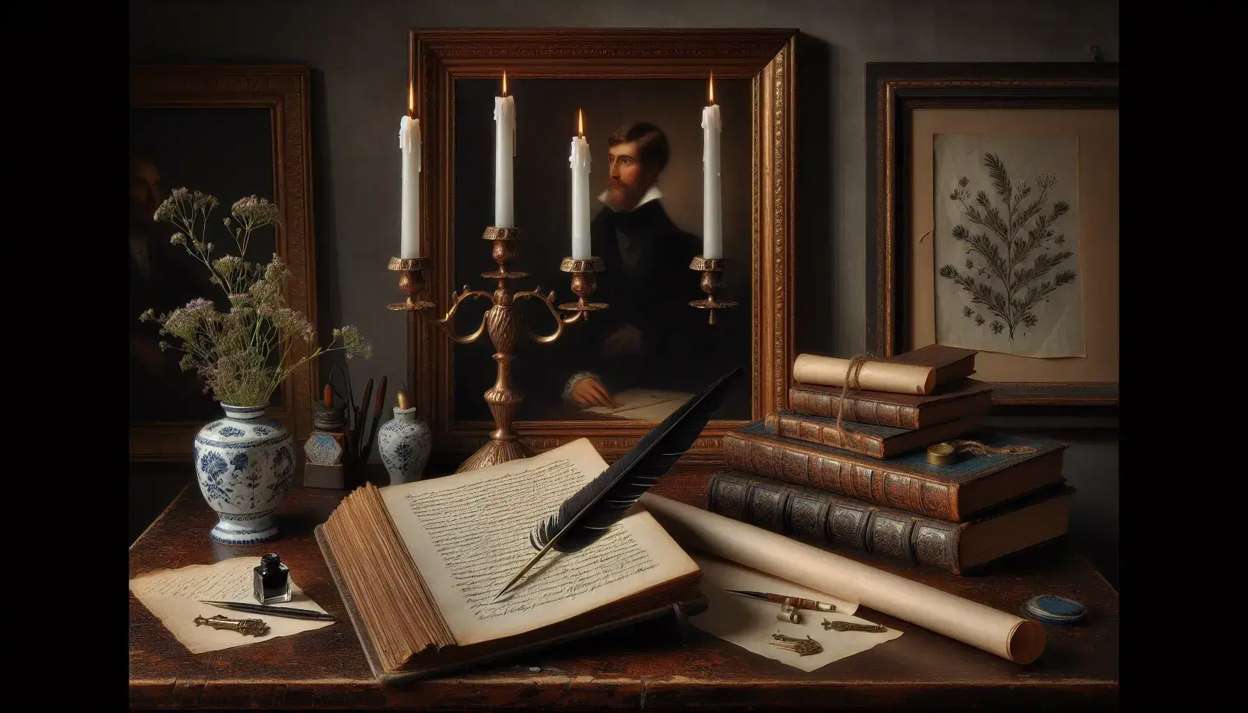 Scrivania in legno scuro con libro aperto, penna d'oca e calamaio, rotolo di pergamena, candelabro in ottone e ritratto incorniciato.